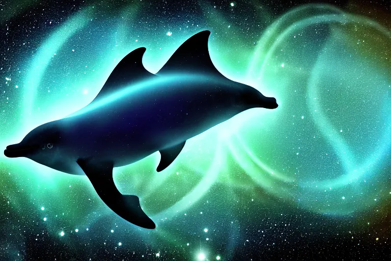 Image similar to a bioluminescent dolphin swimming through a space nebula leaving stardust trails, digital art, photorealistic