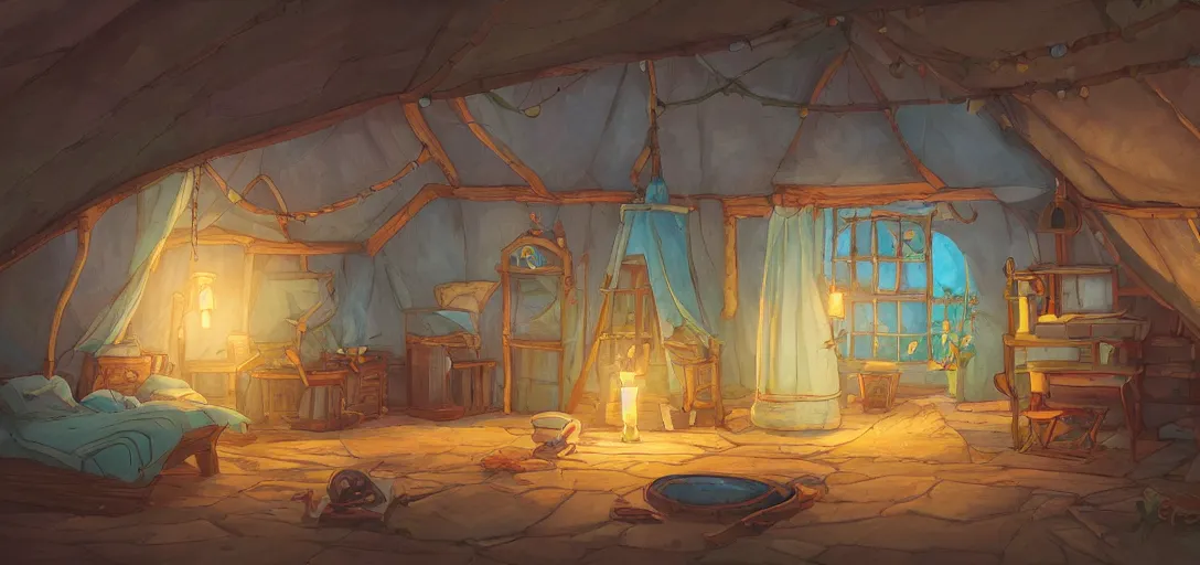 Image similar to cozy attic packed with antiques and furniture, a tent made of bedsheet lit by colorful lightbulps, intricate Details, illustration , in the style of Studio ghibli, breath of the wild, myazaki, anime, clean render, denoise, rule of thirds