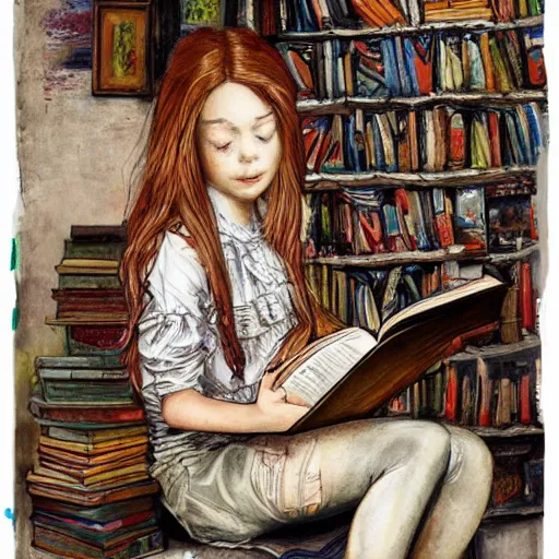 Image similar to full body pose, mixed media painting of a girl reading a book, extremely hyper - detailed, intricate, epic composition, very detailed, masterpiece, stunning,