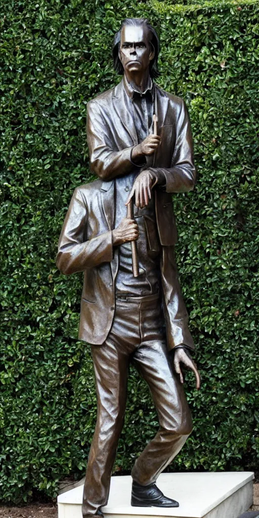 Prompt: nick cave as a bronze statue