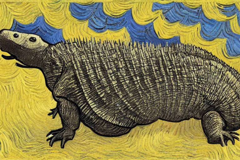 Image similar to an armadillo smoking a joint by vincent van gogh, digital art,