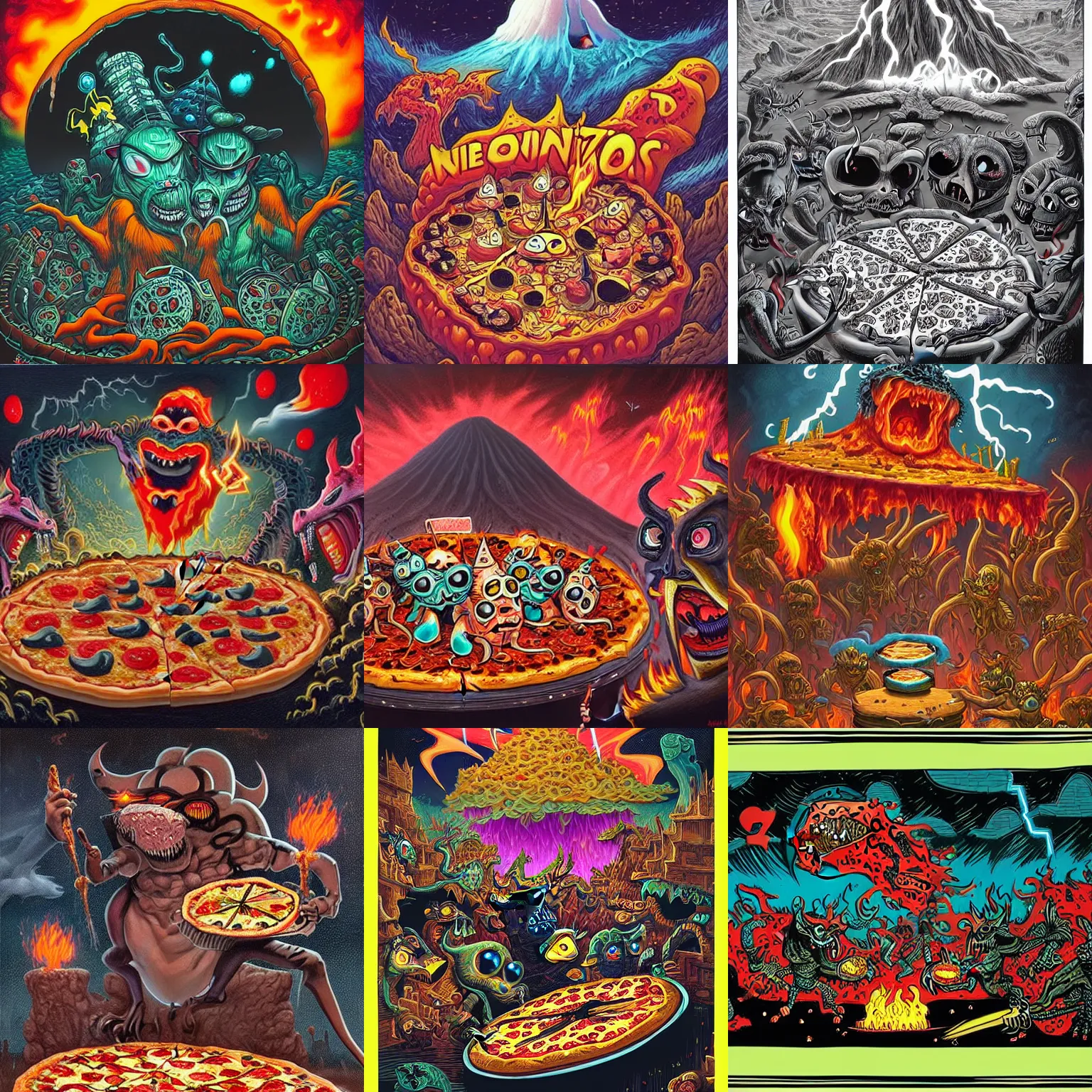 Prompt: masked demons grabbing a large pizza!!!, in the background is a volcano spewing lava and black smoke, streams of glowing hot lava, flashes of lightning in the distance. wide angle, long shot, an ultrafine detailed painting by joe fenton, deviantart, pop surrealism