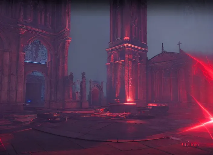 Image similar to ancient church with red shafts of light in destiny 2, foggy, liminal, dark, dystopian, beautiful architecture, abandoned, highly detailed 4 k 6 0 fps in - game destiny 2 gameplay screenshot leak