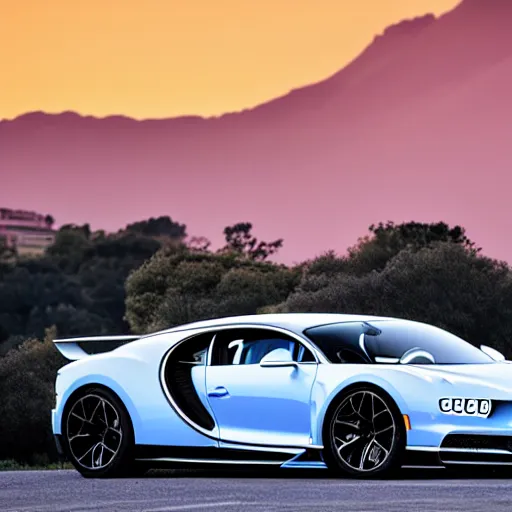 Image similar to synthwave bugatti chiron at sunset