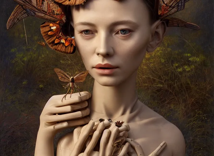 Prompt: a cinematic portrait of a beautiful female jointed handmade wooden doll, holding each other, abandoned, surrounded by big moths and withered lilies, by james c. christensen, by tomasz alen kopera, by raphael, 8 k, rendered in octane, cinematic, 3 d, volumetric lighting, highly detailed