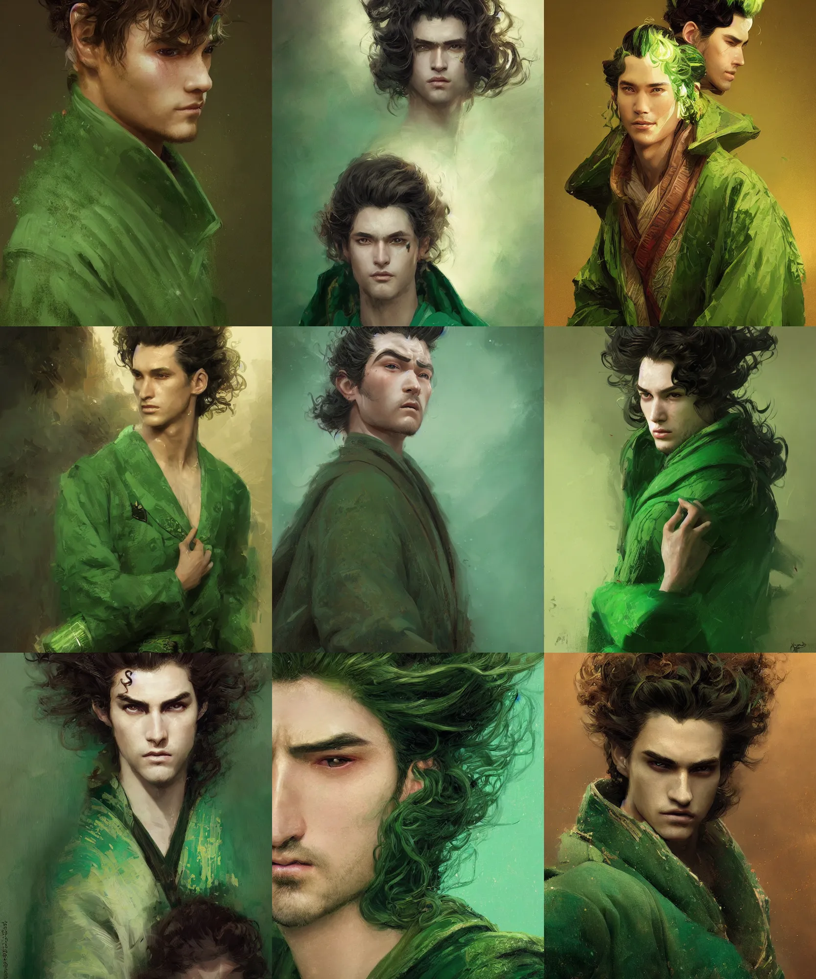 Prompt: digital art painting of young handsome guy dnd portrait, wavy hair, remarkable geisha make up, wearing a green jacket painted by craig mullins and gaston bussiere and greg rutkowski, symmetrical face, defined facial features, symmetrical facial features, dramatic lighting, ambient lighting, close up