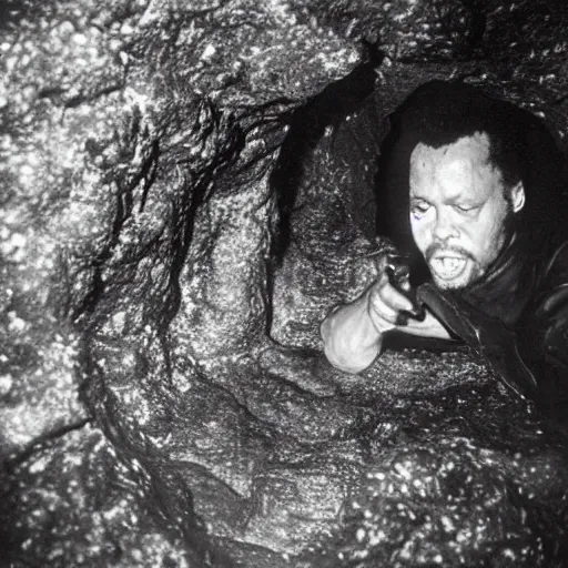 Prompt: photo inside a cavern of a wet reptilian humanoid charles mingus partially hidden behind a rock, with black eyes, open mouth and big teeth