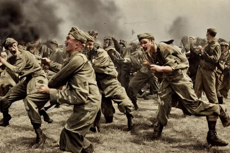 Image similar to world war 2 soldiers pillow fight, color