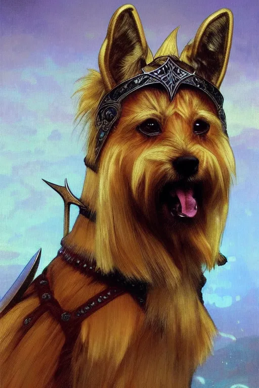 Prompt: norwich terrier as an Viking vwarrior, fantasy, long hair, intricate, elegant, highly detailed, digital painting, artstation, concept art, smooth, sharp focus, illustration, art by alphonse mucha