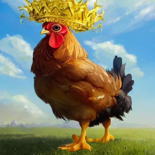 Image similar to a chicken animal wearing a small golden crown on its head. By Makoto Shinkai, Stanley Artgerm Lau, WLOP, Rossdraws, James Jean, Andrei Riabovitchev, Marc Simonetti, krenz cushart, Sakimichan, trending on ArtStation, digital art. Animal photo.