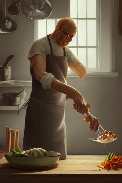 Image similar to a dynamic digital painting and illustration of a man cutting onions in the kitchen while crying, rendered in octane, cgsociety, artstation, cinematic lighting, 4K, very intricate, HDR
