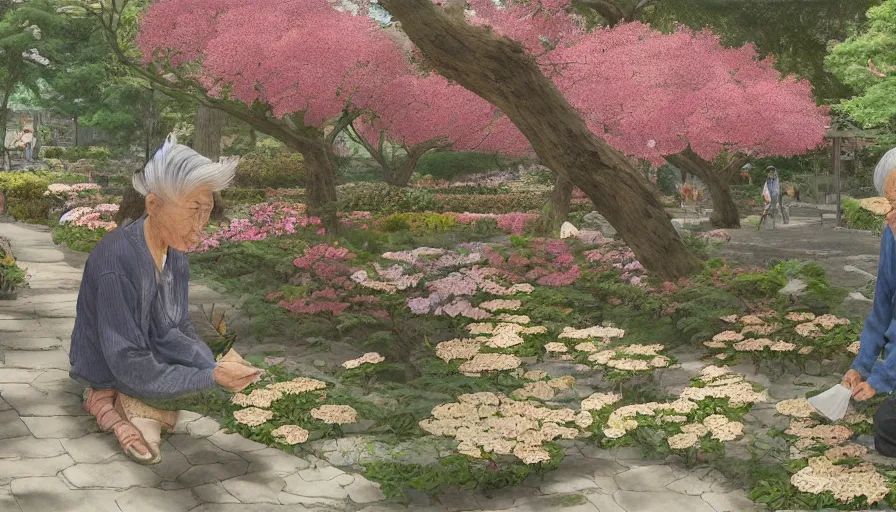 Image similar to old japanese man giving flowers to his wife, japanese flowery garden in the village, sunny day, drawing, hyperdetailed, artstation, cgsociety, 8 k