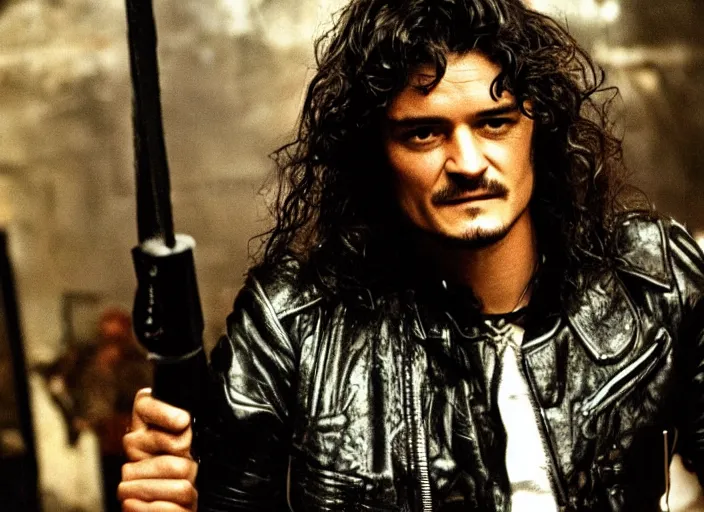 Image similar to promotional image of orlando bloom in a heavy metal band in a movie from 1978, rugged black clothes, detailed face, movie still frame, promotional image, imax 70 mm footage