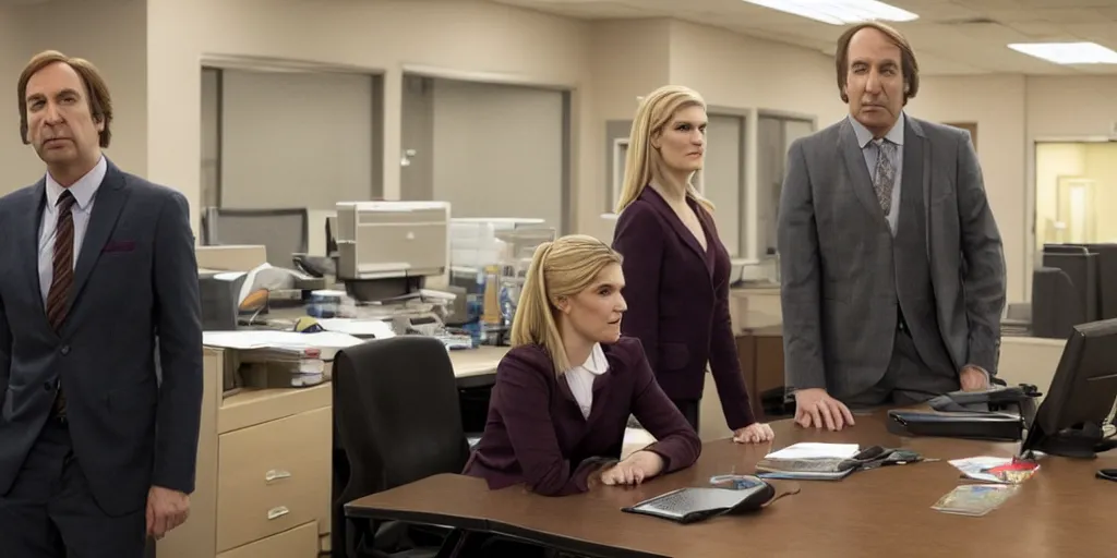 Image similar to saul goodman and kim wexler in severance office setting