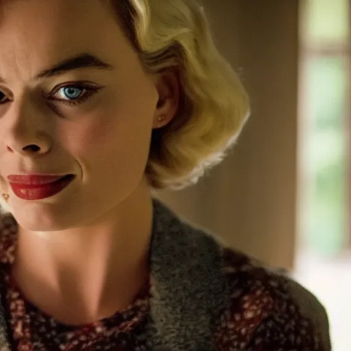 Prompt: Margot Robbie as Miss Marple in a closeup still from the movie Miss Marple