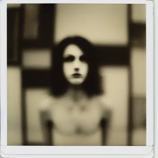 Image similar to polaroid depicting an emo woman as an exhibit in an art gallery