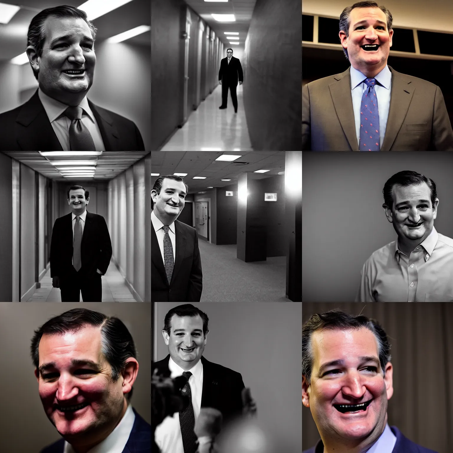 Prompt: Ted Cruz with a wide grin standing in a narrow corridor, black and white, creepy lighting, poor visibility, scary, horror, eerie, fear