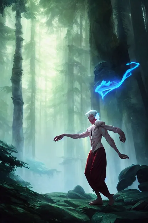 Prompt: a human elemental sorcerer, forest setting, colorful magic, male, white skin, young, sharp focus, concept art, dynamic lighting, unreal engine, character design by emylie boivin, environment by greg rutkowski