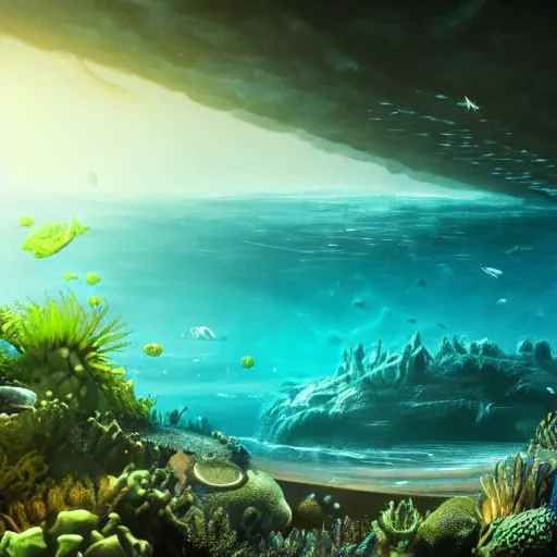 Image similar to vanishing perspective underwater view of the alien landscape underwater on the ocean bed, deep blue ocean color, some plant life, alien fish swimming on the background, cinematic perspective, cinematic lighting, matte painting, detailed, sci - fi, hdr, 4 k, artstation