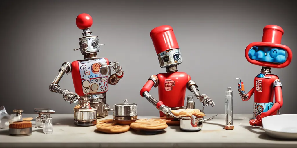 Image similar to closeup portrait of tin toy retro robot chef cooking pastry cake with chemicals flasks in a kitchen, depth of field, zeiss lens, detailed, centered, fashion photoshoot, by nicoletta ceccoli, mark ryden, lostfish, breathtaking, 8 k resolution, extremely detailed, beautiful, establishing shot, artistic, hyperrealistic, octane render