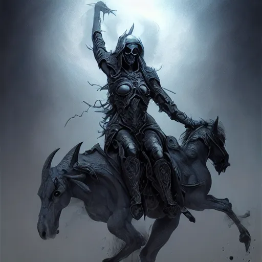 Image similar to concept art by artgerm, death of the four horsemen of the apocalypse, soft grey and blue natural light, intricate, queen of death riding, highly detailed dark art, digital painting, artstation, concept art, smooth, sharp focus, illustration, art by greg rutkowski and luis rollo and uang guangjian and gil elvgren, symmetry!