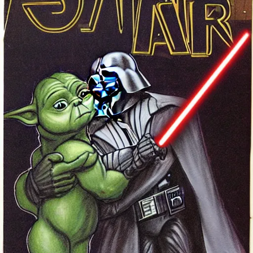 Image similar to a romance novel cover from 1 9 8 3, paperback, drawing, darth vader holding yoda on the cover, romantic