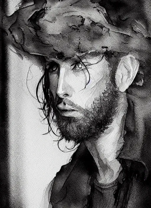 Prompt: portrait, a handsome skinny small Frenchman with beard and long black hair toasting with whiskey, watercolor, dramatic lighting, cinematic, establishing shot, extremely high detail, foto realistic, cinematic lighting, digital art, vector, by Yoshitaka Amano, Ruan Jia, Kentaro Miura, Artgerm, post processed, concept art, artstation, matte painting, style by eddie mendoza, raphael lacoste, alex ross