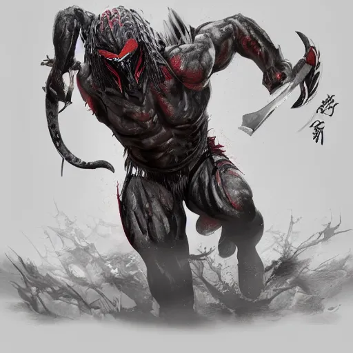 Prompt: digital paint of The Predator in ancient Japan, trending on Artstation, hyperdetailed