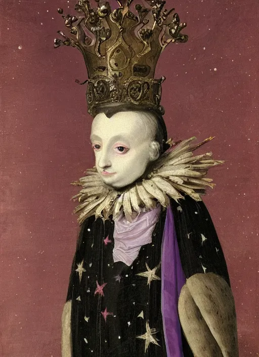 Prompt: close-up portrait of anthropomorphic owl Prince, man with a head of barn owl, glowing eyes, in a crown, soft glowing, wearing long royal robe, lilac, silver, black, bokeh, blurred space, stars, dreamy, romantic, painting in the museum, highly detailed, sharp focus, digital painting, artwork, by John James Audubon by Victor Adame Minguez by Yuumei by Tom Lovell by Sandro Botticelli