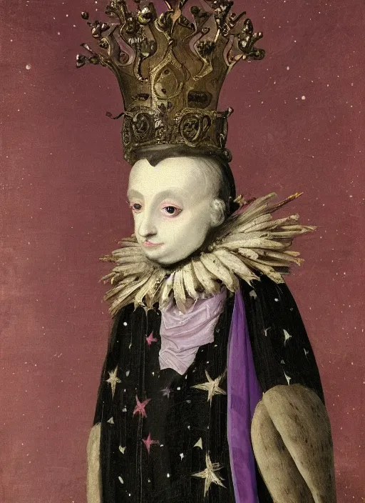 Image similar to close-up portrait of anthropomorphic owl Prince, man with a head of barn owl, glowing eyes, in a crown, soft glowing, wearing long royal robe, lilac, silver, black, bokeh, blurred space, stars, dreamy, romantic, painting in the museum, highly detailed, sharp focus, digital painting, artwork, by John James Audubon by Victor Adame Minguez by Yuumei by Tom Lovell by Sandro Botticelli