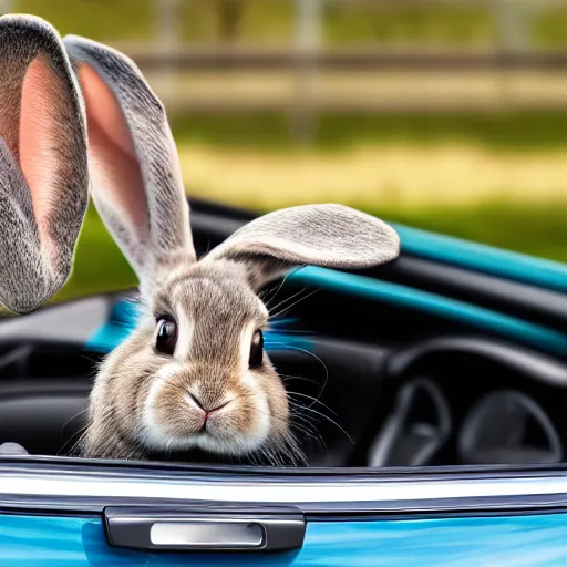 Prompt: a bunny driving a convertible, studio photo, high quality