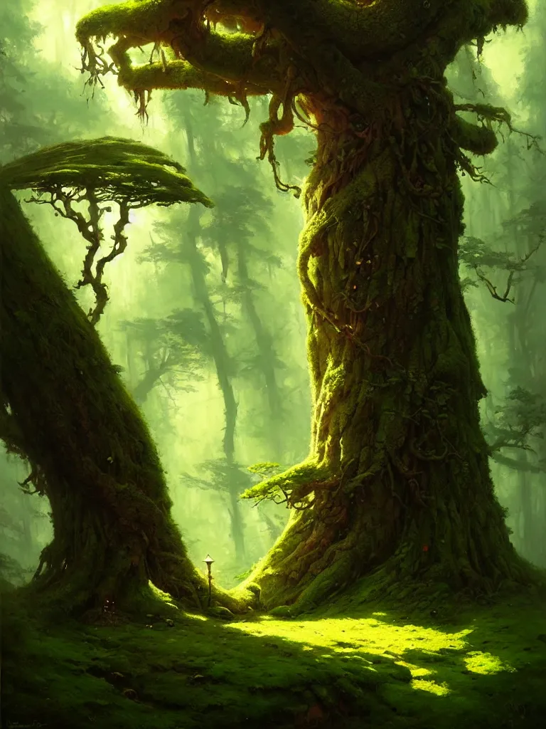 Image similar to great fat tree with a moss in the woods by bayard wu, anna podedworna, gaston bussiere, greg rutkowski