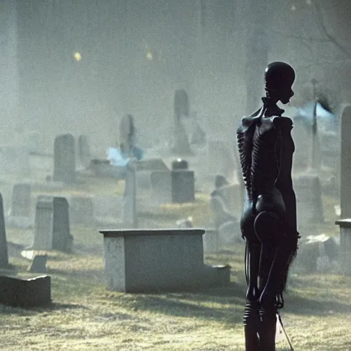 Image similar to a skeleton walking in a cemetery. still from blade runner.