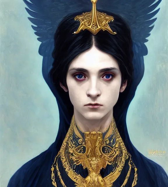 Image similar to portrait of a god of death, young male, in the underworld, elegant dark blue dress, very detailed, throne, very intricate details, jewelry, gold eyes, elaborate long black hairstyle, wings, cinematic, artstation, william bouguereau, rule of thirds, alphonse mucha, greg rutkowski, rossdraws, octane render