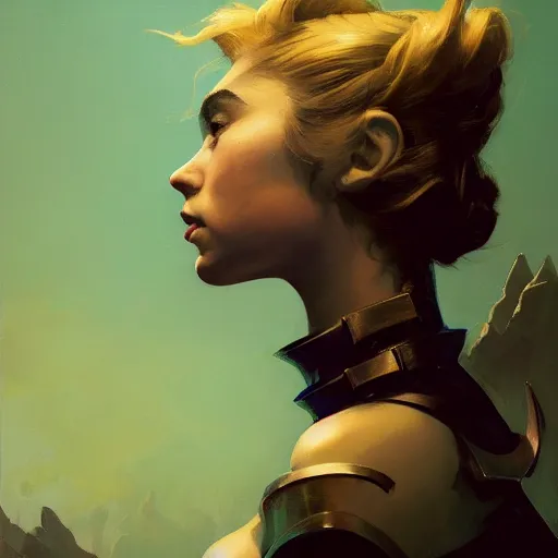 Prompt: side portrait of imogen poots, deathknight, matte painting, bold shapes, hard edges, octane render, trending on artstation, sickly green backlit glow, by greg manchess, huang guangjian, gil elvgren, sachin teng, greg rutkowski, jesper ejsing, ilya kuvshinov, cushart krenz