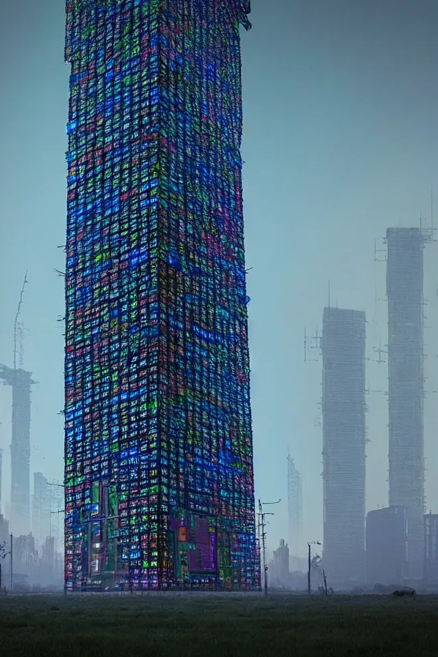 Image similar to cyberpunk tower made out of billions of stacked computer screens by simon stalenhag