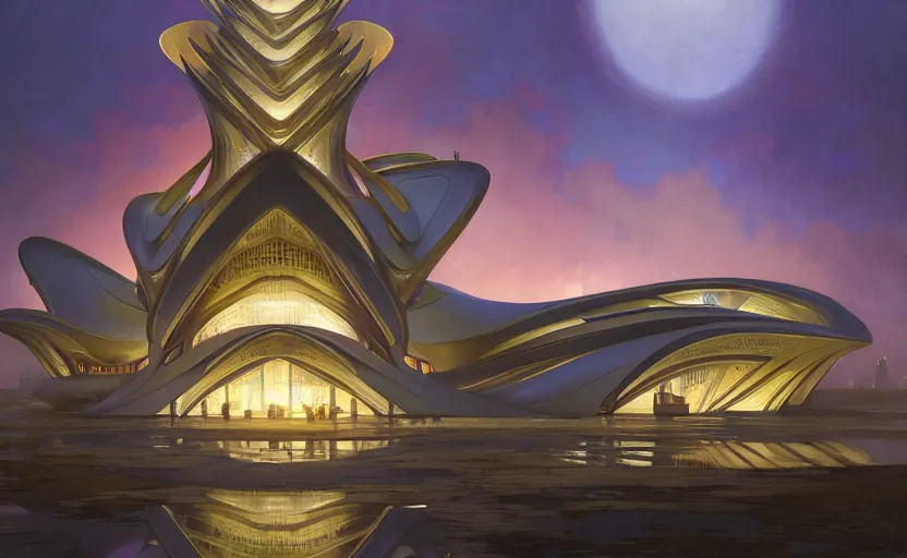 Image similar to exterior shot of utopian architecture building with cinematic lighting by zaha hadid and renzo piano, darek zabrocki and greg ruthkowski, alphonse mucha, simon stalenhag, cinematic, stars, beautiful, holy place, paradise, scifi, futurism, atmospheric, sunset, concept art, artstation, trending on artstation