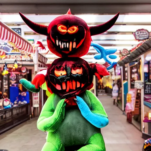 Prompt: scary demon plushies being sold at an amusement park, devilish, haunting, nightmare