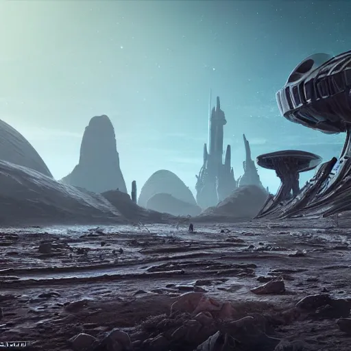 Prompt: the remains of a colossal alien, deserted planet landscape, illustration, epic, sci - fi, hyper detailed, smooth, unreal engine 5, sharp focus, ray tracing