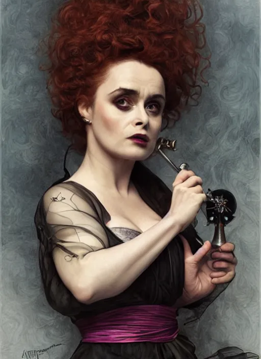 Image similar to portrait Helena Bonham Carter as a poison witch, full length shot, shining, 8k highly detailed, sharp focus, illustration, art by artgerm, mucha, bouguereau