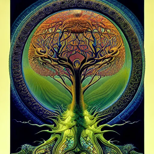 Image similar to tree of life by roger dean and andrew ferez, art forms of nature by ernst haeckel, divine chaos engine, symbolist, visionary, art nouveau, botanical fractal structures, lightning, surreality, lichtenberg figure