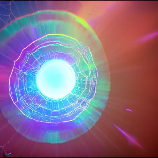 Prompt: a intricate iridiscent halo with spiderweb desing portal in the heavens, cinematic unreal engine 5