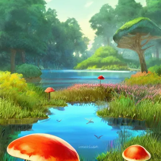 Prompt: a beautiful lake with cute little mushrooms growing around it, fantasy art, 2 d, sunshine, warm colors, relaxing, calm, cozy, peaceful, by studio ghibli