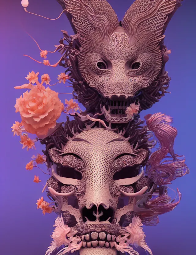 Image similar to 3 d goddess close - up frontal portrait with cat skull. beautiful intricately detailed japanese crow kitsune mask and clasical japanese kimono. betta fish, jellyfish phoenix, bio luminescent, translucent, plasma, ice, water, wind, creature, artwork by tooth wu and wlop and beeple. vray. behance. 8 k