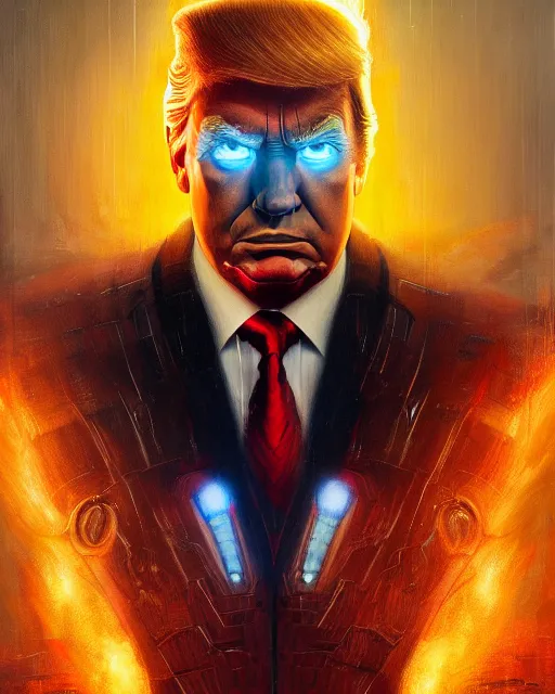 Image similar to a highly detailed portrait of a sinister Donald Trump as Iron Man, evil pose, by greg rutkowski and android jones in a surreal portrait style, oil on canvas, ancient cyberpunk 8k resolution, masterpiece