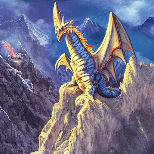 Image similar to dragons circling a tall mountain spire, fantasy art