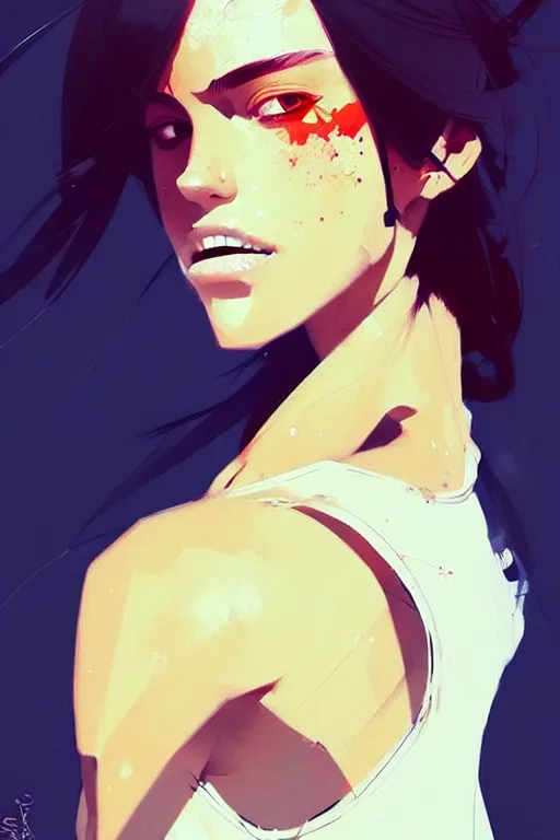 Image similar to a ultradetailed beautiful painting of a stylish woman with a white tank top, by conrad roset, greg rutkowski and makoto shinkai trending on artstation