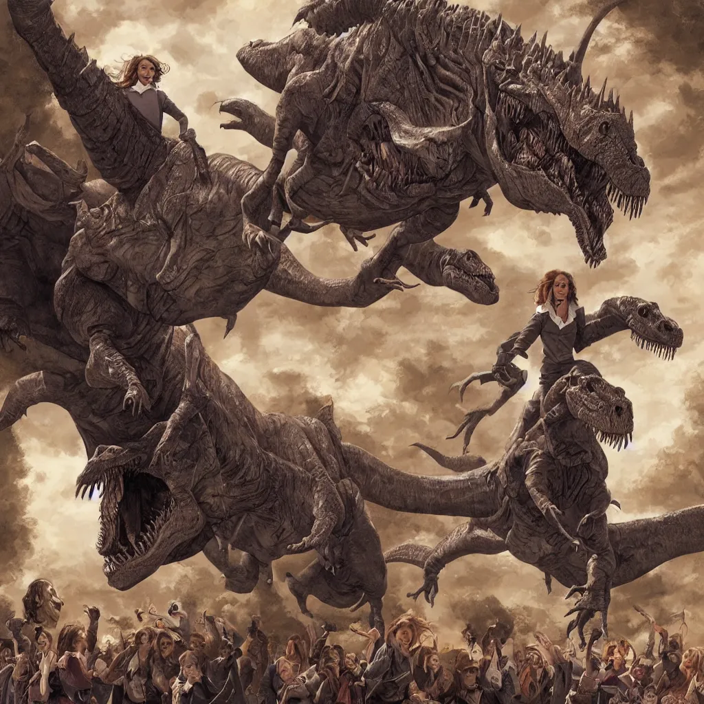 Prompt: hermione granger riding a t - rex, liberty leading the people style, painting