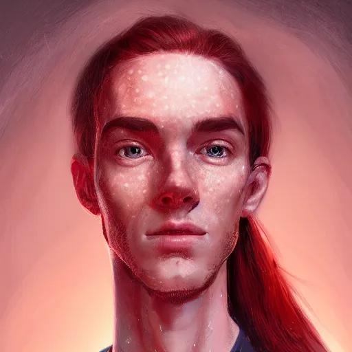 Image similar to portrait of a thin young man with long red hair, ponytail, a lot of freckles on his face, intricate, elegant, glowing lights, highly detailed, digital painting, artstation, concept art, smooth, sharp focus, illustration