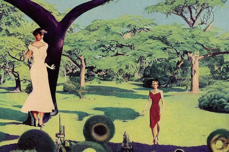 Image similar to 5 0 s pulp scifi illustration, elegant alien female strolls on lawn in beautiful extraterrestrial gardens, baobab tree, by norman rockwell, tom lowell, david curtis, frank schoonover